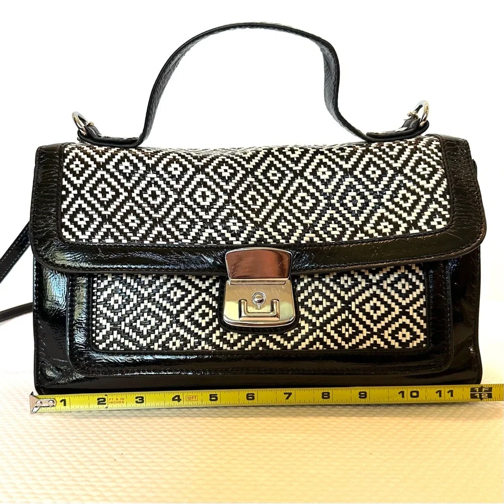 Melie Bianco Patent with Black & White Straw Geometric Satchel Handbag Purse Bag